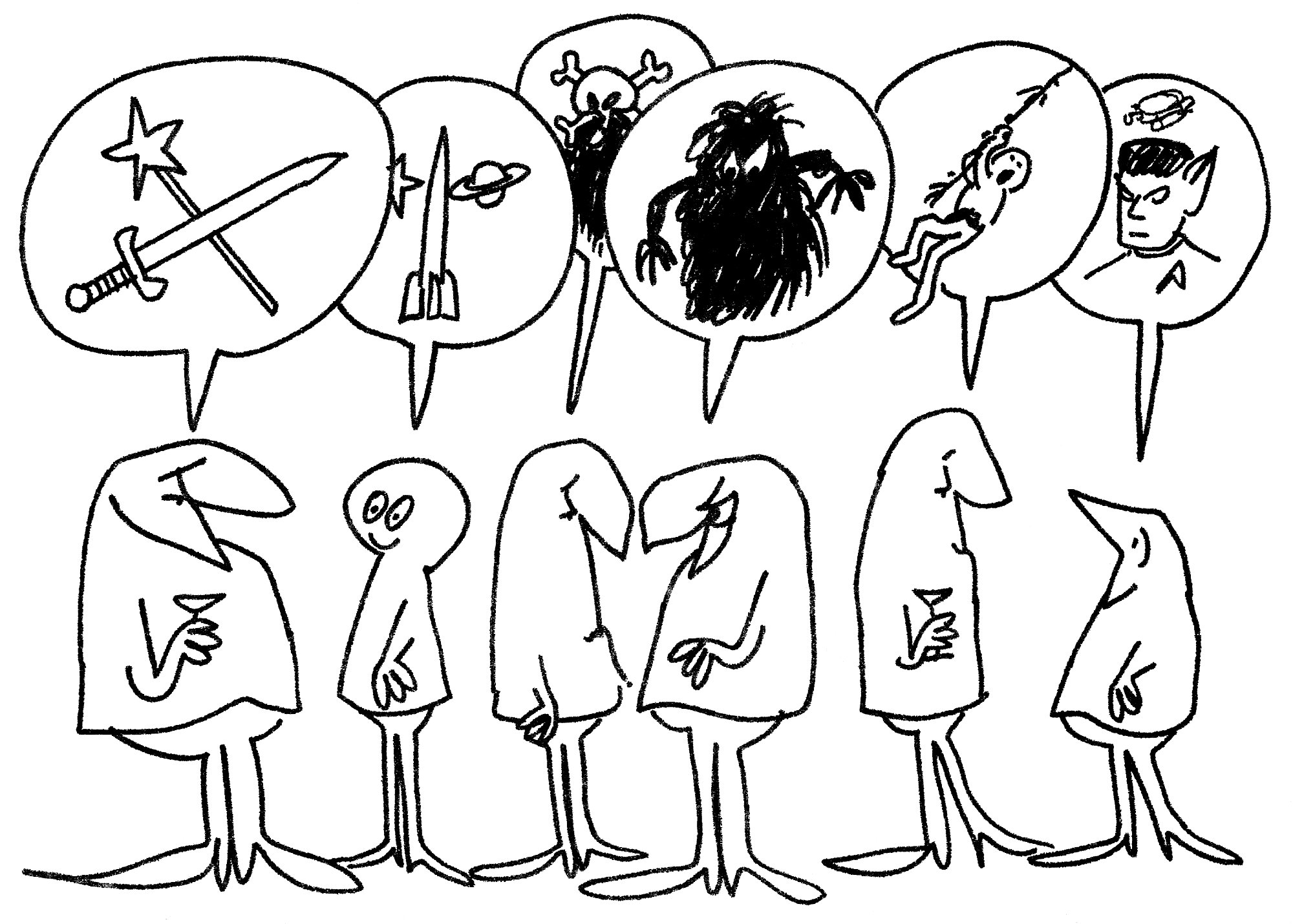 A cartoon of a group of fans with speech balloons.